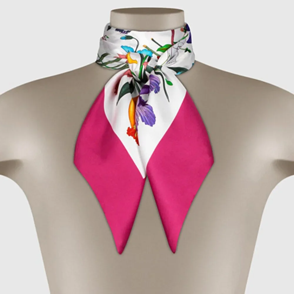Gucci Silk Wrap Flora Print Logo White Multicolor Pink Border Scarf